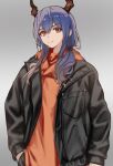  1girl absurdres arknights ascter black_jacket blue_hair ch&#039;en_(arknights) chinese_commentary commentary_request dragon_horns eyebrows_visible_through_hair grey_background hair_between_eyes hand_in_pocket highres horns jacket long_hair looking_at_viewer open_clothes open_jacket orange_sweater red_eyes simple_background smile solo sweater twintails upper_body 