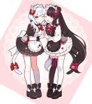  2girls animal_ears ankle_bow bell black_hair bow bowtie cat_ears cat_girl cat_tail eyebrows_visible_through_hair full_body hair_between_eyes hakase_fuyuki highres kneehighs long_hair long_sleeves looking_at_viewer maid maid_headdress multicolored_hair multiple_girls nijisanji one_eye_closed open_mouth red_eyes short_sleeves silver_hair standing tail tail_bell tail_bow tail_ornament thigh-highs tongue two-tone_hair waka_(wk4444) white_hair wrist_cuffs yorumi_rena 