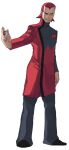 1boy black_footwear coat commentary_request full_body grey_pants holding holding_poke_ball long_sleeves male_focus maou_abusorun maxie_(pokemon) pants parted_lips poke_ball poke_ball_(basic) pokemon pokemon_(game) pokemon_rse red_coat redhead shoes short_hair smile solo team_magma 