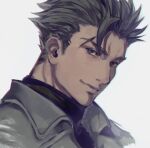  1boy 86_-eightysix- black_eyes black_hair black_sweater dark-skinned_male dark_skin grey_background grey_jacket hair_behind_ear hair_slicked_back jacket looking_at_viewer male_focus portrait raiden_shuga scar shirabi smile solo sweater 