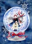  1girl antlers bangs brown_hair christmas fur_trim hood hood_up ice_crystal lantern mayuko_ogura original painting_(medium) red_ribbon reindeer ribbon signature snow_globe snowflakes solo traditional_media watercolor_(medium) winter 