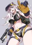  1girl animal_ears baseball_cap bikini black_bikini breasts fang gloves grey_eyes grey_hair gun handgun hat highres holding holding_gun holding_weapon holofive hololive kurose_kousuke large_breasts lion_ears lion_girl lion_tail long_hair looking_at_viewer messy_hair navel open_mouth pistol shishiro_botan smile solo standing swimsuit tail virtual_youtuber weapon 