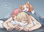  2girls aiiro_bokujuu bang_dream! bare_arms blonde_hair blue_background closed_eyes dog long_hair lying maruyama_aya multiple_girls on_bed on_person on_stomach pillow pink_hair shirasagi_chisato signature sleeping sleeping_on_person sweat symbol-only_commentary thought_bubble translation_request under_covers yuri 