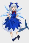  1girl bangs blue_dress blue_eyes blue_hair blunt_bangs cirno cirno_(cosplay) cosplay dress fish_tail gawr_gura gotoh510 hair_ornament highres hololive hololive_english ice ice_wings medium_hair multicolored_hair puffy_short_sleeves puffy_sleeves shark_girl shark_hair_ornament shark_tail sharp_teeth short_sleeves silver_hair solo streaked_hair tail teeth touhou two_side_up virtual_youtuber wings 