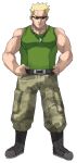 1boy belt black_belt blonde_hair boots camouflage camouflage_pants closed_mouth commentary_request full_body green_shirt hands_on_hips jewelry legs_apart male_focus maou_abusorun muscular muscular_male necklace pants pokemon pokemon_(game) pokemon_hgss shirt short_hair solo spiky_hair standing sunglasses surge_(pokemon) 