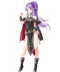  1girl ankle_boots boots bridal_gauntlets cape dress earrings female fire_emblem fire_emblem:_genealogy_of_the_holy_war fire_emblem_heroes full_body hair_ornament high_heel_boots high_heels highres jewelry kaya8 long_hair official_art ponytail purple_hair purple_legwear sidelocks solo standing tailtiu_(fire_emblem) tied_hair transparent_background violet_eyes 