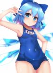  1girl absurdres armpits blue_bow blue_eyes blue_hair blush bow breasts cirno eyebrows_visible_through_hair hair_bow highres kurokimono001 looking_at_viewer name_tag one-piece_swimsuit school_swimsuit short_hair sideboob simple_background small_breasts smile solo standing swimsuit thighs touhou white_background wings 