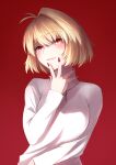  1girl absurdres antenna_hair arcueid_brunestud bangs blonde_hair blush bob_cut breasts eyebrows_visible_through_hair finger_to_mouth fingernails hand_up highres ishikoro_1450 jewelry light_smile lips looking_at_viewer necklace red_background red_eyes red_nails short_hair simple_background single_hair_intake solo sweater tsukihime turtleneck turtleneck_sweater upper_body white_sweater 
