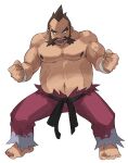  1boy barefoot belt black_belt brown_hair chuck_(pokemon) clenched_hands commentary_request facial_hair full_body legs_apart looking_at_viewer male_focus maou_abusorun muscular muscular_male navel pants pokemon pokemon_(game) pokemon_hgss purple_pants shirtless short_hair solo toes torn_clothes torn_pants wristband 