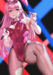  1girl animal_ears armband ass_visible_through_thighs bangs blush bow bowtie breasts commentary_request covered_navel cowboy_shot darling_in_the_franxx detached_collar eyebrows_visible_through_hair fake_animal_ears fishnet_legwear fishnets from_below groin highres holding holding_riding_crop horns leotard long_hair looking_at_viewer looking_down medium_breasts multicolored multicolored_background pink_hair playboy_bunny rabbit_ears red_leotard riding_crop solar_(happymonk) solo straight_hair thighs tongue tongue_out wrist_cuffs zero_two_(darling_in_the_franxx) 