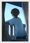  1girl absurdres black_hair black_shorts blue_sky border commentary curtains earphones earphones english_commentary from_behind grey_border highres leaning_on_rail mk_taso original railing shirt shoes short_hair shorts sky solo white_shirt 