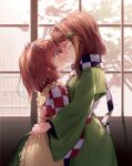  2girls absurdres apron bell blush brown_hair checkered checkered_kimono checkered_scarf closed_eyes eyebrows_visible_through_hair french_kiss futatsuiwa_mamizou futatsuiwa_mamizou_(human) glasses green_vest hair_bobbles hair_ornament highres japanese_clothes kimono kiss leaf leaf_on_head long_hair long_sleeves masanaga_(tsukasa) motoori_kosuzu multiple_girls orange_hair scarf touhou twintails vest wide_sleeves window yuri 