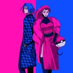  1boy 1girl blue_background blue_hair breasts closed_mouth contrast dress earrings english_commentary fashion feet_out_of_frame hands_in_pockets highres houndstooth james_(pokemon) jessie_(pokemon) jewelry pink_background pink_dress pink_hair poke_ball_symbol pokemon pokemon_(anime) sinful_hime team_rocket thigh-highs 