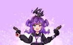  1girl animal_on_head apex_legends black_sweater blue_eyes braid dragon dual_wielding ember_(selen_tatsuki) energy_gun fangs gun handgun head_wings heterochromia highres holding holding_gun holding_weapon lanyard medium_hair muzzle on_head open_mouth pistol purple_hair reiru sa-3_mozambique selen_tatsuki shotgun solo sweater twin_braids v-shaped_eyebrows violet_eyes virtual_youtuber weapon 