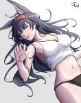  1girl :p absurdres animal_ears arknights artist_name bangs bare_arms bare_shoulders black_hair black_panties blaze_(arknights) blue_eyes breasts cat_ears commentary_request crop_top gradient gradient_background grey_background hairband hand_up highres jw_(wrdawrda) large_breasts long_hair looking_at_viewer midriff navel panties red_hairband signature smile solo stomach tank_top tongue tongue_out underwear white_background white_tank_top 