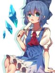  1girl ascot blue_eyes blue_hair cirno collared_shirt dress eating eyebrows_visible_through_hair food hair_between_eyes highres ice knees looking_at_viewer no_wings open_mouth pinafore_dress popsicle puffy_short_sleeves puffy_sleeves red_neckwear renka_(sutegoma25) shirt short_sleeves sitting solo touhou uneven_eyes upper_teeth 