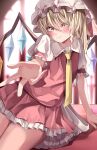  1girl absurdres arm_up bangs blonde_hair closed_mouth collar collared_dress dress eyebrows_visible_through_hair eyes_visible_through_hair flandre_scarlet hair_between_eyes hand_up hat hat_ribbon highres looking_at_viewer maboroshi_mochi mob_cap necktie one_side_up pink_nails puffy_short_sleeves puffy_sleeves red_dress red_ribbon ribbon shirt short_hair short_sleeves sitting smile solo touhou wall white_headwear white_shirt white_sleeves window yellow_eyes yellow_neckwear 