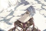  1boy arch_bishop_(ragnarok_online) bangs choker closed_mouth coat commentary eyebrows_visible_through_hair feathered_wings long_eyelashes looking_at_viewer male_focus ragnarok_online short_hair simple_background smile solo tokio_(okt0w0) upper_body white_background white_coat white_hair white_wings wings yellow_eyes 