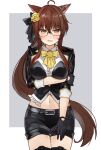  1girl absurdres ahoge animal_ears belt black-framed_eyewear black_gloves black_shorts breast_hold breasts brown_eyes brown_hair eyebrows_visible_through_hair flower fox_ears fox_girl fox_tail fumi_(nijisanji) glasses gloves hair_flower hair_ornament highres large_breasts long_hair looking_at_viewer navel nijisanji parted_lips ponytail semi-rimless_eyewear shorts solo sweatdrop tail tyoko_tanuki16 under-rim_eyewear virtual_youtuber 