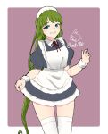  1girl alternate_costume apron artist_logo black_dress blue_eyes border braid commentary_request cowboy_shot dated dress enmaided frilled_apron frills green_hair highres kantai_collection long_hair looking_at_viewer maid maid_apron maid_headdress mochizou mole mole_under_mouth one-hour_drawing_challenge single_braid skirt_hold solo thigh-highs two-tone_background very_long_hair white_apron white_border white_legwear wrist_cuffs yuugumo_(kancolle) 