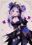  1girl artist_name black_choker blush braid choker earrings eric_knikki fiona_gilman fur glowing hand_on_thigh heart heart_of_string horns identity_v jewelry looking_at_viewer open_mouth petals purple_nails single_braid solo violet_eyes wings 
