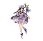  1girl absurdres ankle_boots armor asatani_tomoyo axe bangs battle_axe belt black_hair boots breastplate cape collarbone commentary dress fire_emblem fire_emblem:_genealogy_of_the_holy_war fire_emblem_heroes full_body hat highres holding holding_weapon larcei_(fire_emblem) long_sleeves looking_at_viewer official_art open_mouth over_shoulder purple_dress shiny shiny_hair short_dress short_hair short_sleeves shoulder_armor sidelocks simple_background smile solo thigh_strap thighs violet_eyes weapon weapon_over_shoulder white_background 