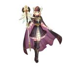 1girl absurdres bangs blonde_hair boots cape closed_mouth commentary dress eyebrows_visible_through_hair fingerless_gloves fire_emblem fire_emblem:_genealogy_of_the_holy_war fire_emblem_heroes full_body gloves green_eyes hat highres holding knee_boots konfuzikokon layered_skirt looking_at_viewer nanna_(fire_emblem) official_art short_dress short_hair short_sleeves simple_background skirt smile solo staff standing thigh-highs white_background zettai_ryouiki 
