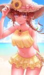  1girl bangs bare_shoulders beach bikini blue_sky blush braid breasts collarbone fate/grand_order fate_(series) flower hat highres long_hair looking_at_viewer medium_breasts miniskirt navel orange_hair rain_(roromi) side_braid skirt sky smile solo straw_hat sunflower swimsuit thighs van_gogh_(fate) violet_eyes yellow_bikini 