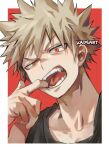  1boy artist_name bakugou_katsuki bangs black_shirt blonde_hair boku_no_hero_academia collarbone fangs finger_in_mouth kadeart looking_at_viewer male_focus open_mouth outside_border red_background red_eyes shirt short_hair solo spiky_hair tank_top teeth 