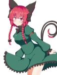  1girl absurdres animal_ears bangs black_bow bow braid cat_ears cat_tail closed_mouth cowboy_shot dress eyebrows_visible_through_hair frilled_dress frills green_dress hair_bow highres juliet_sleeves kaenbyou_rin long_hair long_sleeves looking_at_viewer multiple_tails nekomata puffy_sleeves red_bow red_eyes redhead seo_haruto side_braids simple_background smile solo standing tail touhou twin_braids two_tails white_background 