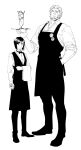  2boys alternate_costume apron beard bow bowtie cocktail_glass cup drinking_glass facial_hair fate/zero fate_(series) full_body greyscale halorane height_difference highres holding holding_tray iskandar_(fate) looking_at_viewer male_focus mature_male monochrome multiple_boys muscular muscular_male short_hair size_difference sleeves_rolled_up tray waiter waver_velvet 