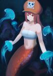  1girl absurdres az_reinz774 brown_eyes brown_hair commentary commission guilty_gear guilty_gear_strive hat highres jellyfish long_hair looking_at_viewer may_(guilty_gear) mermaid monster_girl navel orange_headwear pirate_hat skull_and_crossbones skull_print smile solo tail 