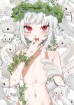  1boy androgynous bangs blunt_bangs bone bubble collarbone forked_tongue highres leaf licking licking_finger looking_at_viewer navel original otoko_no_ko red_eyes red_nails short_hair slit_pupils snake sparkle tongue upper_body watariganikun white_background white_hair white_snake wreath 