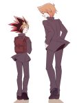  2boys backpack bag bangs blonde_hair commentary_request facing_another facing_away facing_to_the_side from_behind jacket jounouchi_katsuya male_focus multicolored_hair multiple_boys nemu_mohu open_mouth pants profile redhead shoes simple_background smile spiky_hair teeth white_background yu-gi-oh! yu-gi-oh!_duel_monsters 