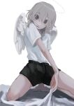  1other ambiguous_gender angel_wings bangs black_shorts end80236189 eyebrows_visible_through_hair grey_eyes hair_between_eyes halo highres holding kneeling medium_hair original parted_lips shirt short_sleeves shorts simple_background solo white_background white_shirt wings 
