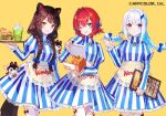  3girls ange_katrina animal_ears apron bangs blue_eyes blue_hair box braid brown_hair chicken_(food) colored_inner_hair cosplay dog_ears dog_girl dress feather_hair_ornament feathers food french_fries fuzichoco hair_ornament heterochromia holding holding_box holding_tray inui_toko lize_helesta long_hair multicolored_hair multiple_girls nijisanji official_art one_eye_closed red_eyes sebastian_piyodore short_hair silver_hair skirt smile striped striped_dress tray twin_braids vertical-striped_skirt vertical_stripes violet_eyes virtual_youtuber wendy&#039;s wendy_(wendy&#039;s) wendy_(wendy&#039;s)_(cosplay) yellow_background yellow_eyes 
