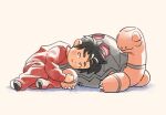  1boy bangs black_eyes black_hair claws closed_eyes closed_mouth commentary gen_3_pokemon kabu_(pokemon) long_sleeves lying male_focus nitefise on_side pants pokemon pokemon_(creature) pokemon_(game) pokemon_swsh red_pants red_shirt shirt short_hair smile socks torkoal younger 