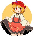  1girl :d aki_minoriko apron bangs black_skirt blonde_hair cowboy_shot cropped_legs eyebrows_visible_through_hair food fruit grapes holding holding_clothes holding_skirt ini_(inunabe00) long_sleeves looking_at_viewer open_mouth red_apron red_eyes red_headwear short_hair skirt smile solo standing touhou wheat_print white_background wide_sleeves yellow_background 