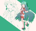  1girl animal_ears bangs clenched_hand curly_hair drop_shadow finger_to_cheek full_body geta green_background green_eyes green_hair horns kamabokopic kariyushi_shirt komano_aunn long_hair red_shirt shirt short_sleeves shorts single_horn smile solo touhou very_long_hair white_shorts zoom_layer 