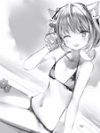  1girl :d animal_ears beach bikini blush can cat_ears dutch_angle fang flat_chest greyscale highres holding holding_can hololive looking_at_viewer low_twintails medium_hair monochrome nanashi_(nlo) navel one_eye_closed open_mouth outdoors skin_fang smile solo swimsuit twintails uruha_rushia 