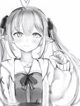  1girl ahoge blush closed_mouth copyright_request greyscale hair_ribbon hand_up heart_ahoge highres jacket long_hair long_sleeves looking_at_viewer monochrome nanashi_(nlo) pointy_ears ribbon shirt simple_background smile solo twintails white_background 
