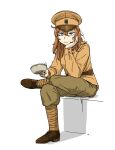  1girl anyan_(jooho) blue_eyes brown_footwear brown_hair brown_headwear brown_jacket brown_pants closed_mouth cup frown full_body hat highres holding holding_cup jacket leg_wrap long_hair looking_at_viewer military military_uniform original pants russian_army shoes simple_background sitting solo uniform white_background world_war_i 