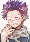  1boy absurdres animal_ears bandaid bandaid_on_nose bangs blush bobobo_(oi_nanimitendayo) boku_no_hero_academia cat_ears commentary_request ear_piercing earrings face grin hand_up highres jewelry looking_at_viewer male_focus piercing purple_hair scarf shinsou_hitoshi simple_background smile solo spiky_hair teeth upper_body 