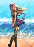  1girl bangs bare_arms bird blush brown_hair brown_legwear commentary day english_commentary floating_hair hat highres long_hair outdoors parted_lips pleated_skirt pokemon pokemon_(game) pokemon_xy sand serena_(pokemon) sheery_sbox shirt shore signature skirt sleeveless sleeveless_shirt smile solo standing thigh-highs tiptoes water 