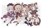  4girls :d :o ahoge animal_ear_fluff animal_ears animal_hood bandaged_leg bandages bangs bangs_pinned_back bead_necklace beads bike_shorts black_scarf blonde_hair bloomers boots braid braided_ponytail brown_hair cabbie_hat cat_ears cat_girl cat_tail clover_print coat coin_hair_ornament commentary_request diona_(genshin_impact) eyebrows_visible_through_hair fake_animal_ears fake_tail fang fishnet_fabric genshin_impact green_eyes hair_between_eyes halftone hat hat_feather highres holding_hands hood japanese_clothes jewelry jiangshi klee_(genshin_impact) knees_together_feet_apart leaf leaf_on_head locked_arms long_hair long_sleeves looking_at_viewer low_twintails medium_hair multiple_girls necklace ninja no1shyv open_mouth pink_hair pointy_ears puffy_shorts purple_hair purple_headwear qing_guanmao qiqi_(genshin_impact) raccoon_ears raccoon_hood raccoon_tail red_coat red_eyes red_headwear ribbon sandals sayu_(genshin_impact) scarf short_hair shorts sidelocks simple_background skirt smile tail tanuki thigh-highs twintails underwear violet_eyes vision_(genshin_impact) white_background 