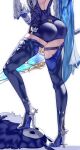  1girl abyss_mage_(genshin_impact) ass black_gloves black_legwear black_leotard blue_cape blue_neckwear cape eula_(genshin_impact) genshin_impact gloves high_heels highres leotard long_sleeves mask necktie sword thigh-highs uenoryoma weapon 