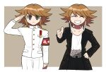  1boy armband bangs black_coat black_pants brown_background brown_hair closed_eyes coat collarbone commentary cosplay cropped_legs danganronpa:_trigger_happy_havoc danganronpa_(series) dragon_ornament facing_viewer fangs flipped_hair fujisaki_chihiro furukawa_(yomawari) gakuran grin hand_on_hip highres ishimaru_kiyotaka ishimaru_kiyotaka_(cosplay) jacket looking_at_viewer male_focus medium_hair military military_uniform multiple_views oowada_mondo oowada_mondo_(cosplay) open_clothes open_coat pants red_armband salute school_uniform shirt sidelocks smile thumbs_up uniform white_background white_jacket white_pants white_shirt 