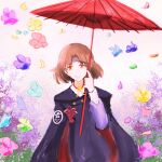  1girl brown_eyes brown_hair chiyoda_(kancolle) facing_viewer falling_petals flower headband kantai_collection looking_at_viewer oil-paper_umbrella petals raincoat smile umbrella yuugensai 