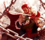  2boys absurdres beard blood blood_on_clothes cape chain chained crying facial_hair fate/zero fate_(series) fur-trimmed_cape fur_trim hand_on_another&#039;s_head highres impaled iskandar_(fate) leather male_focus mature_male multiple_boys muscular muscular_male pectorals red_cape redhead short_hair sidepec smile upper_body waver_velvet wincalblanke 