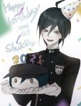  1boy 2021 :d absurdres ahoge bangs black_hair black_headwear black_jacket brown_eyes cake commentary_request danganronpa_(series) danganronpa_v3:_killing_harmony dated food hair_between_eyes happy_birthday hat highres holding jacket long_sleeves looking_at_viewer male_focus number open_mouth party_hat ropo_(ropo_123) saihara_shuuichi shirt short_hair smile solo striped striped_jacket upper_body upper_teeth 